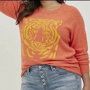 Torrid Coral Vegan Cashmere Orange Sweater with Yellow Tiger Design